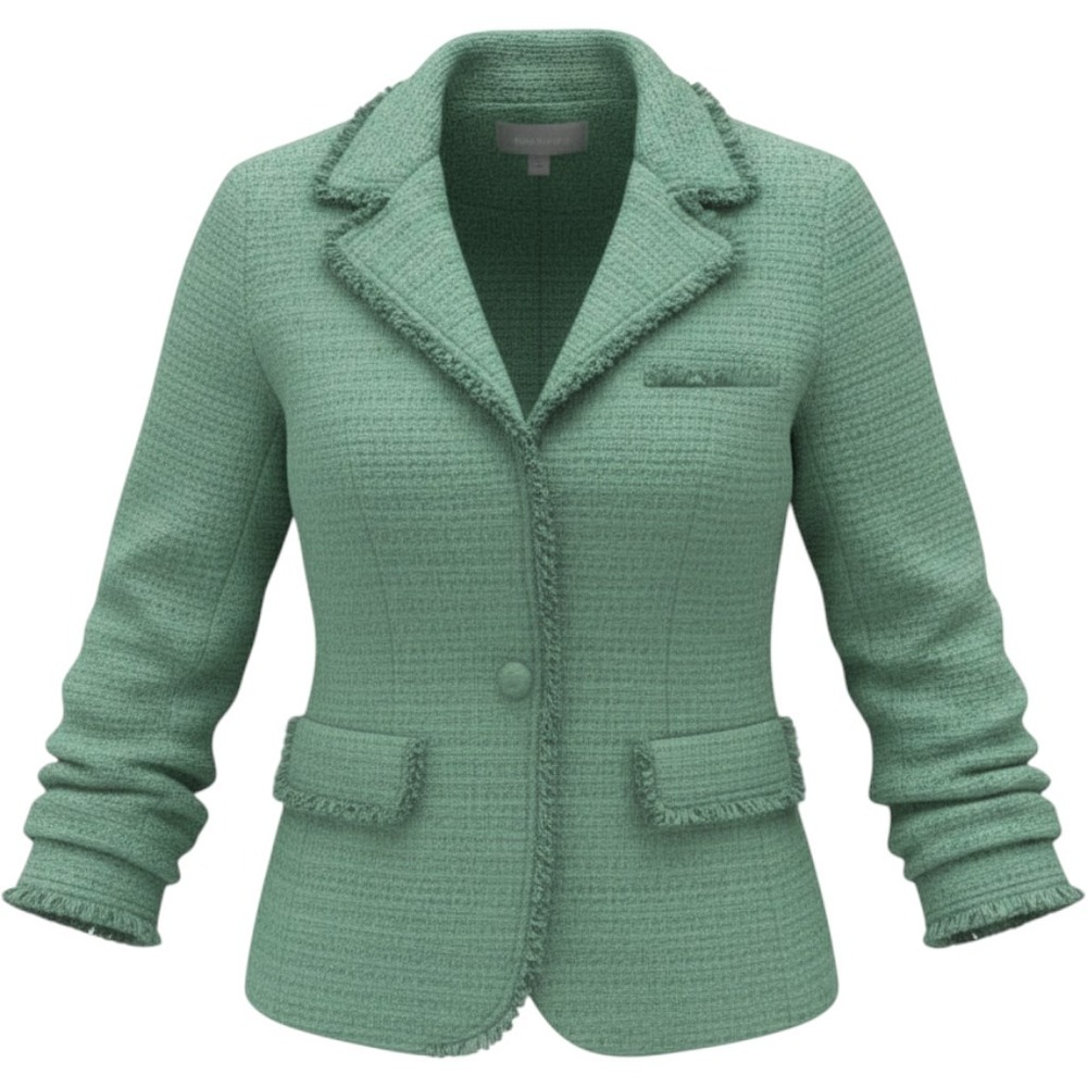 Daniel Rainn Green Tweed Frayed Trim Ruffle Sleeve Blazer Women's M
